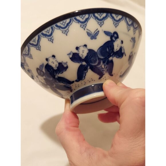 Japanese Rice Bowls Bonsai Boys Cobalt Blue On Bright White 4.75" x 2" Set Of 2 - Picture 5 of 6